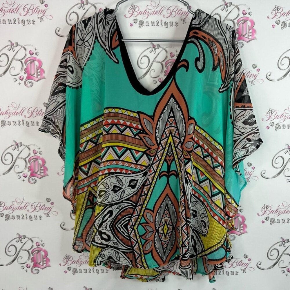 Tua tshirt batwing style flowy Aztec boho floral Vibrant Multicolor Blouse